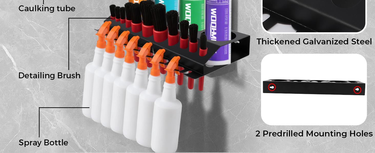 Wall Mounted Spray Bottle and Detailing Brush Holder, Spray Bottle Rack and Wall Tool Organizer for Car Detailing, Auto Detailing Bottle Holder
