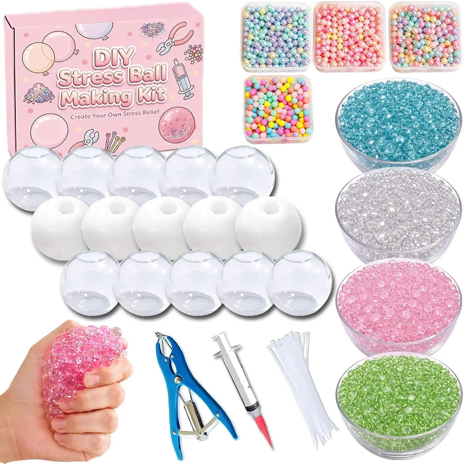 DIY Stress Ball Making Kit, Squishy Maker Kit with 15 TPR Ball Skins, 8 Types of Fillers, Air Pump Vacuum Tool & 20 Cable Ties, Make Your Own Squishies for ASMR Anxiety Relief Sensory Fidget Toys