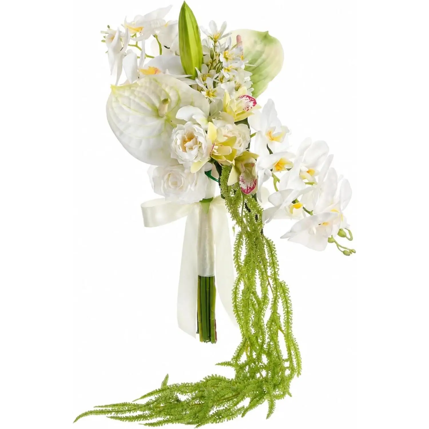 12-Inch White Cascade Artificial Bridal Bouquet with Orchids, Anthurium, Rose, Lily Bud & Amaranthus – Decorative Table Plants for Wedding Ceremony, Photo Prop Home Decor Supplies, Wedding Decor