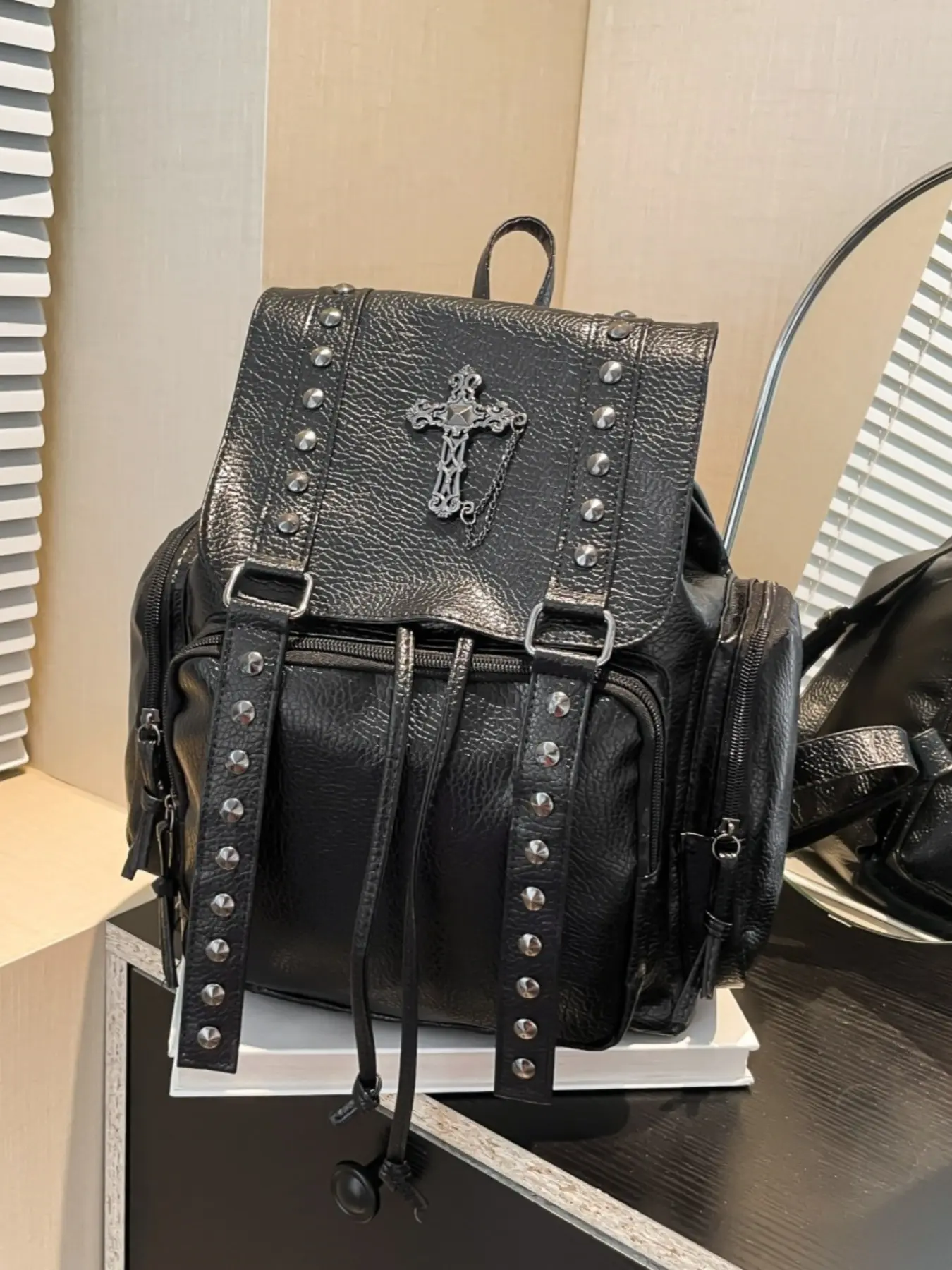 Black Punk Leather Backpack, Streetwear Style, Cross Necklace Metal Decoration, Rivet Webbing, Multiple Zip Pockets, Unisex School Bag