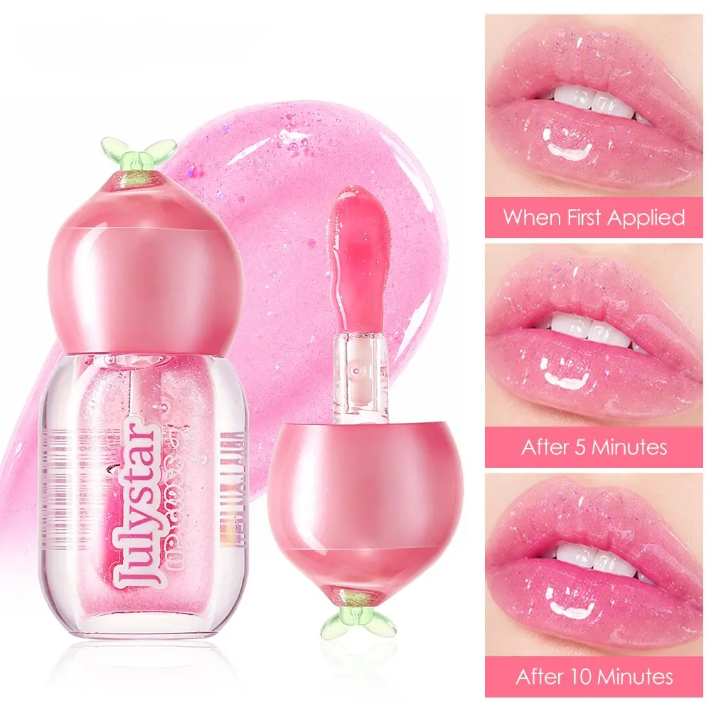 Cute Fruit Design Color Changing Lip Gloss, Glossy Shimmer Glitter Transparent Lip Oil, Moisturizing Lip Glaze, Lightweight Non-Sticky Formula, Natural Custom Pink Shade For Different Lip PH And Body Heat