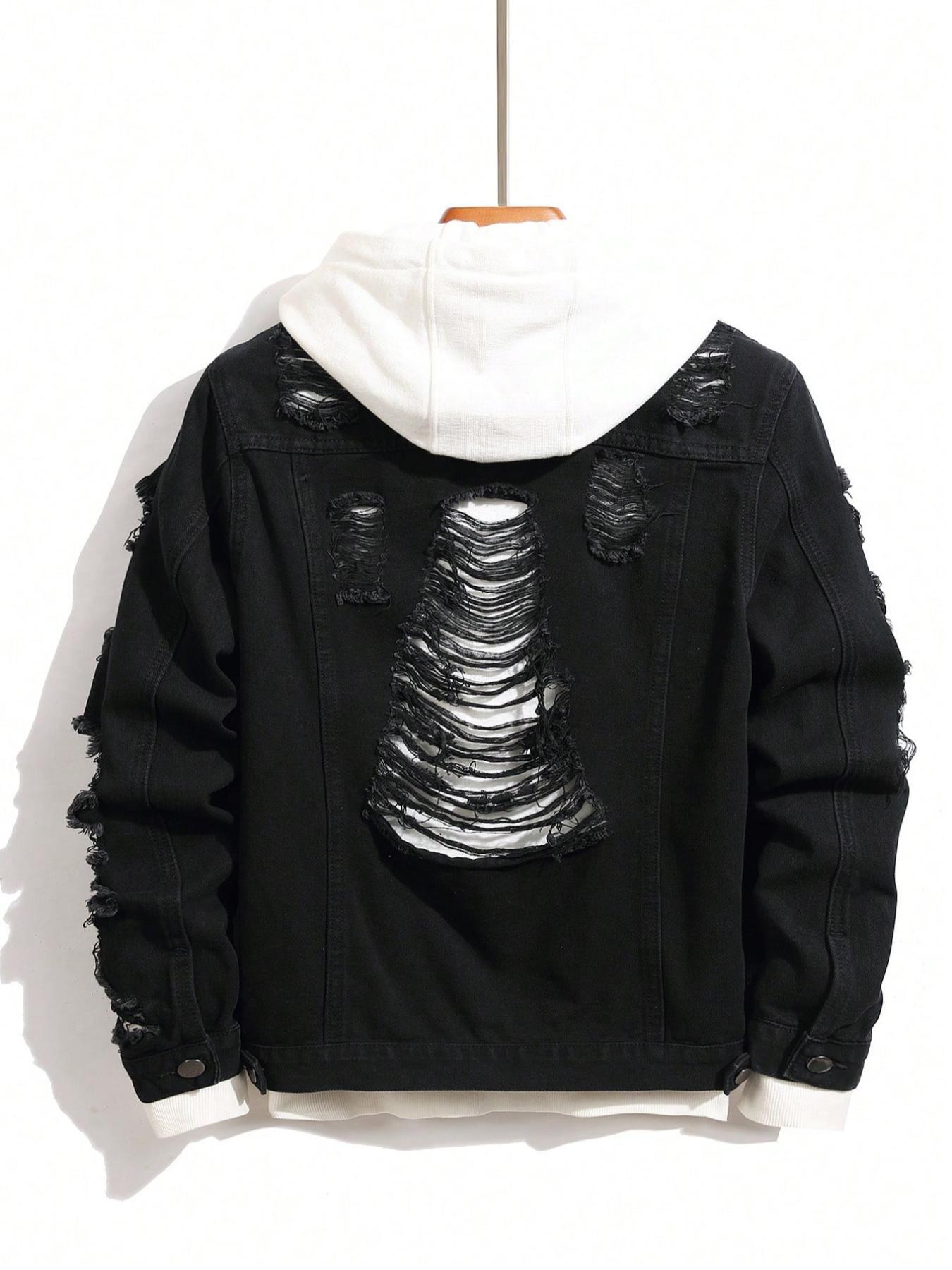 Men's Solid Ripped Design Button Down Denim Jacket, Regular Fit Casual Fashion Comfy Long Sleeve Outerwear Casual Fitted Jackets for Daily Wear, Men's Clothes for All Seasons, Coats