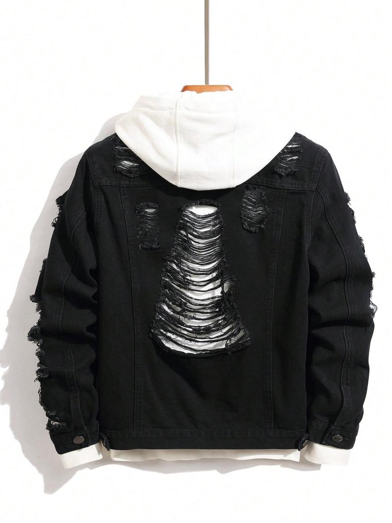 Men's Solid Ripped Design Button Down Denim Jacket, Regular Fit Casual Fashion Comfy Long Sleeve Outerwear Casual Fitted Jackets for Daily Wear, Men's Clothes for All Seasons, Coats