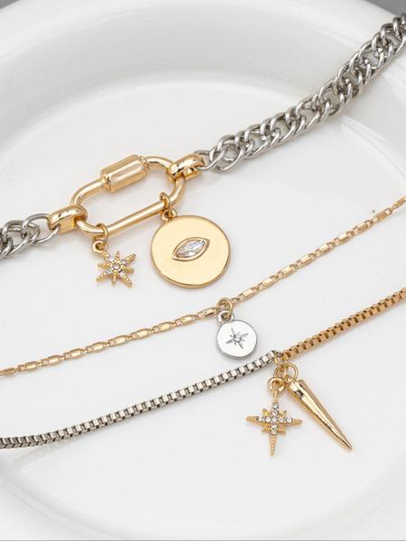 Metal simple gold and silver two-color multi-layer necklace, personalized exaggerated trendy eye pendant multi-layer stacking necklace for women, fashionable and versatile, suitable for daily wear during the back-to-school season, and a gift for Teacher's