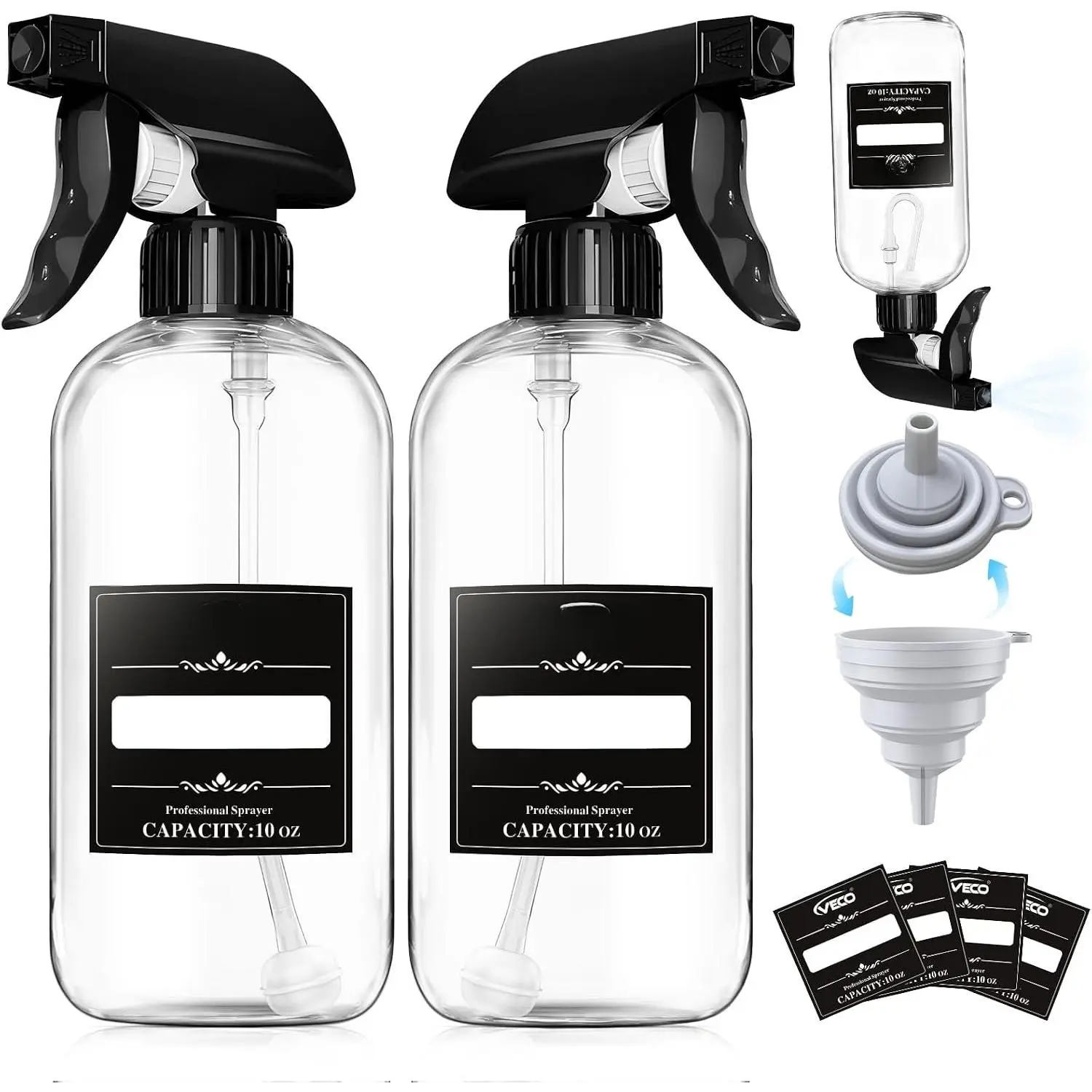 300mL (10oz) 360°  Bottles, 2-Pack — Adjustable Nozzle, Leak-Resistant  bottles for Cleaning, , Hair &  Use + Foldable Funnel