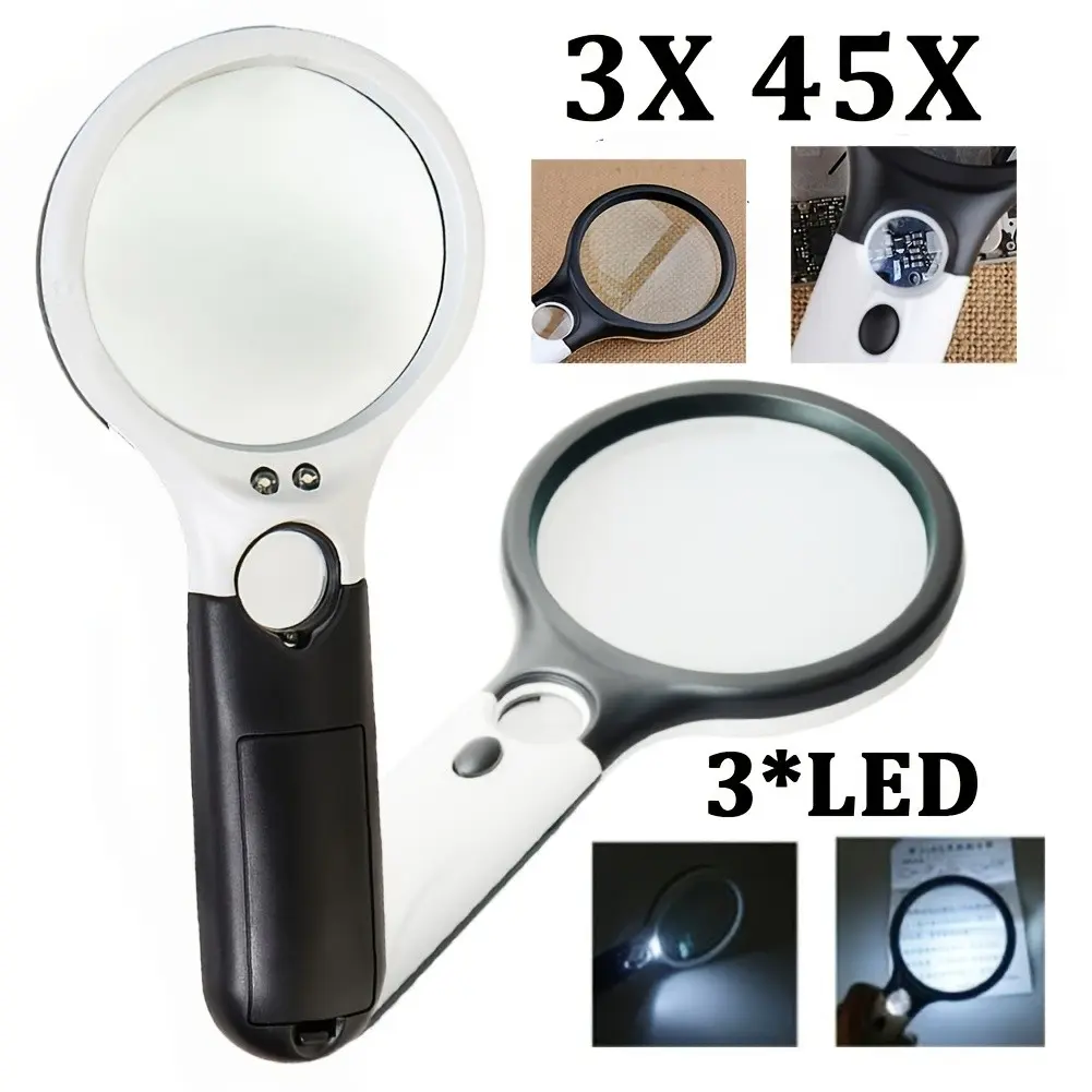 3X 45X Lenses Magnifier 3 LED Light Handheld Portable Reading Magnifying Glass Lens Jewelry Watch Loupe Reading Lens Magnification Aid