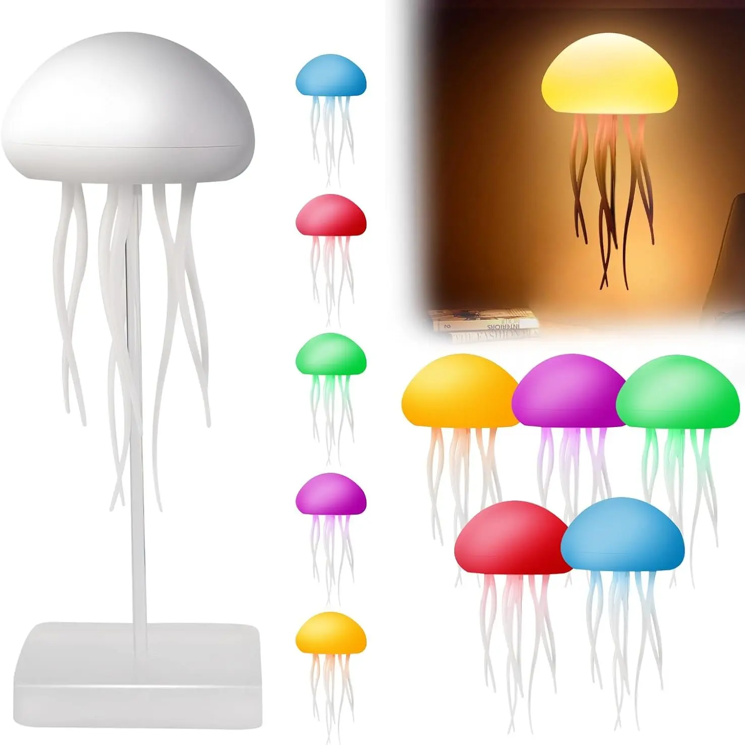 7 Color LED Jellyfish Lamp, RGB Gradient, Rechargeable, Touch Sensor, Dancing Legs, Cute Desk Lamp for Bedroom, Living Room, Hanging Base