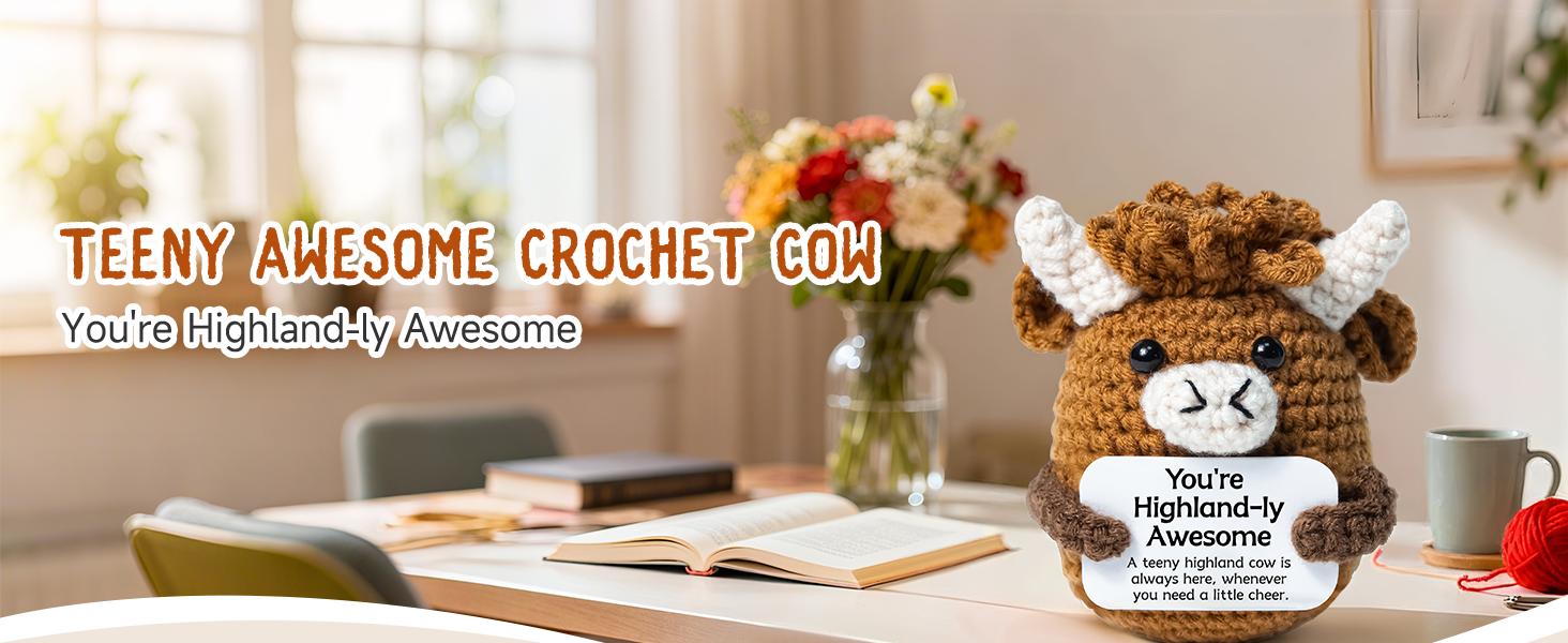 Emotional Support Highland Cow Cute Crochet Desk Decor, Mini Funny Adorable Stuffed Highland Cow Figurine, Positive Crochet Animal Ornament for Women & Coworkers, Heartwarming Cheer Up Gifts & Lovely Desktop Decor to Boost Mood Daily