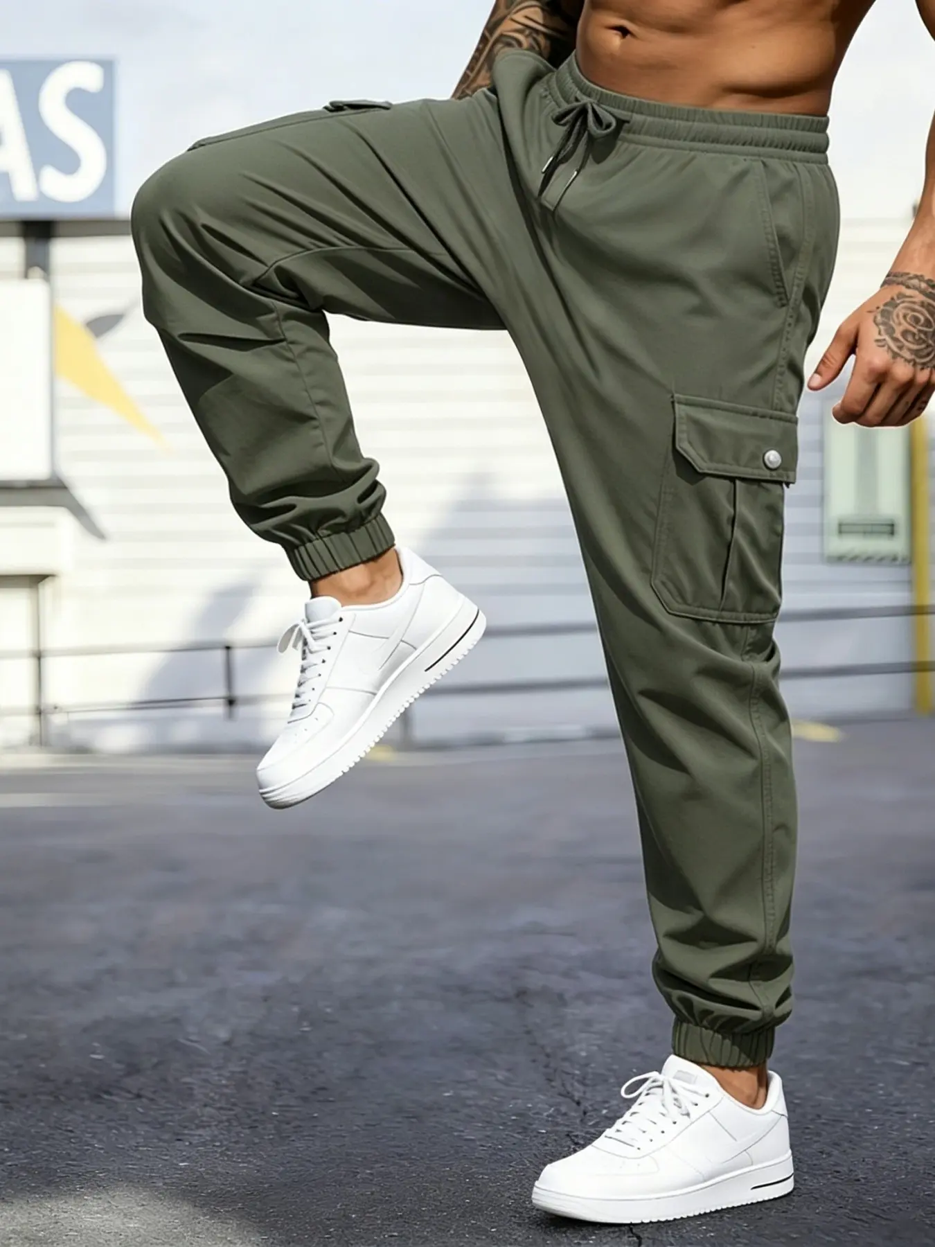 Men's work pants with multiple pockets - loose fitting drawstring waistband, straight leg pants suitable for construction, gym, and spring casual wear. Hand washable non elastic fabric, mid waist casual sports style
