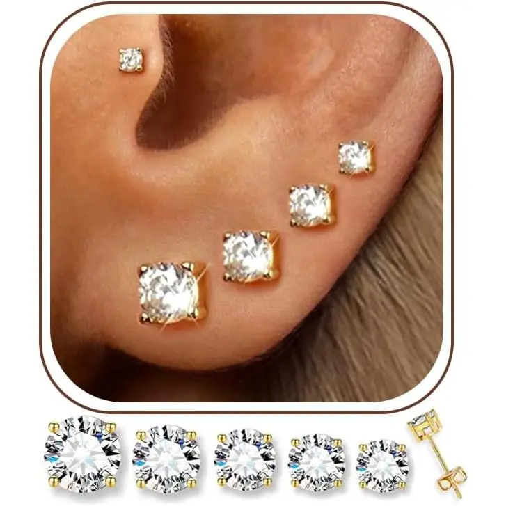 5 Pairs 14K  Plated Stud Earrings for Won, CZ Multiple  Set |  CZ Stud Earrings Set, 3-7mm Cubic Zirconia, Lightweight Comfortable Studs, Non Tarnish , Gt for Won