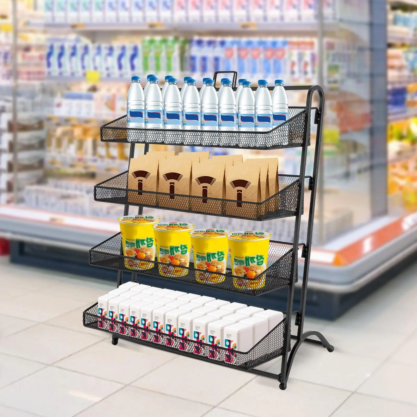 Metal 4-Tier Rectangle Honeycomb Candy Display Rack - 1 Unit (16.14*9.84*20.27 in) with Top Handle, Free Standing High Load Painted Surface Snack Storage Countertop Home Organizer for Retail Stores