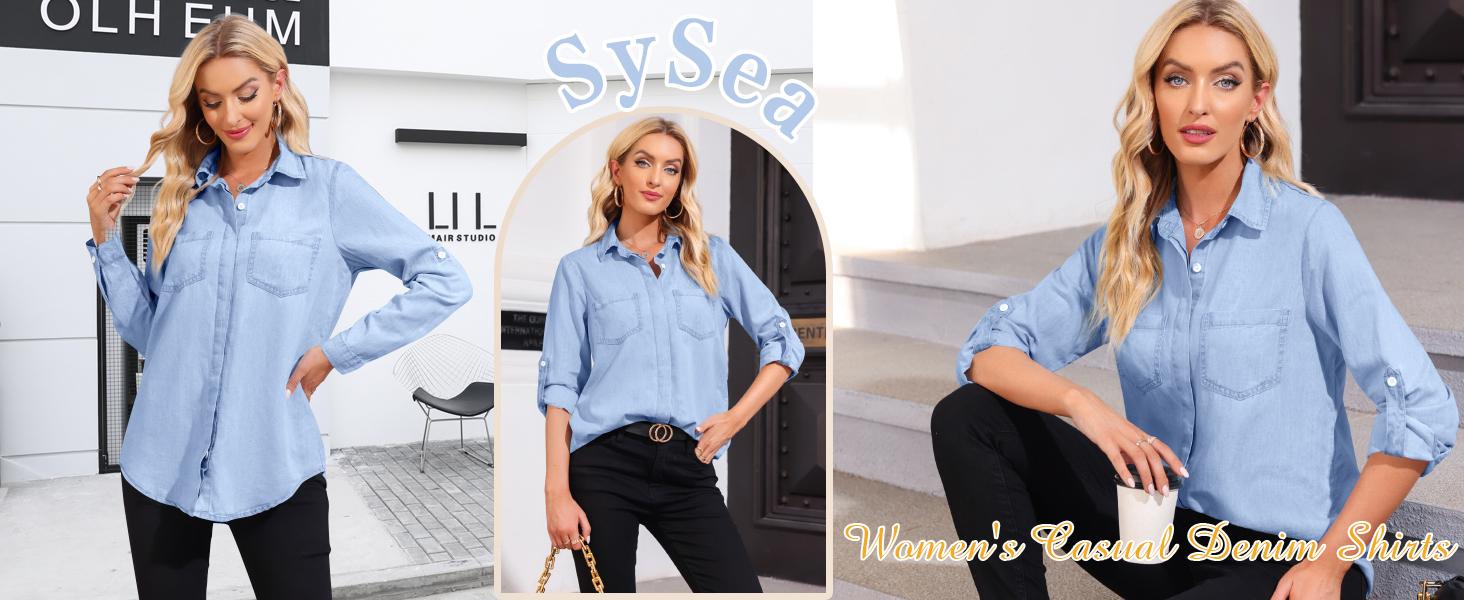FMEYOA Women's Button Down Denim Shirt Casual Collared Long Sleeve Pocket Blouses
