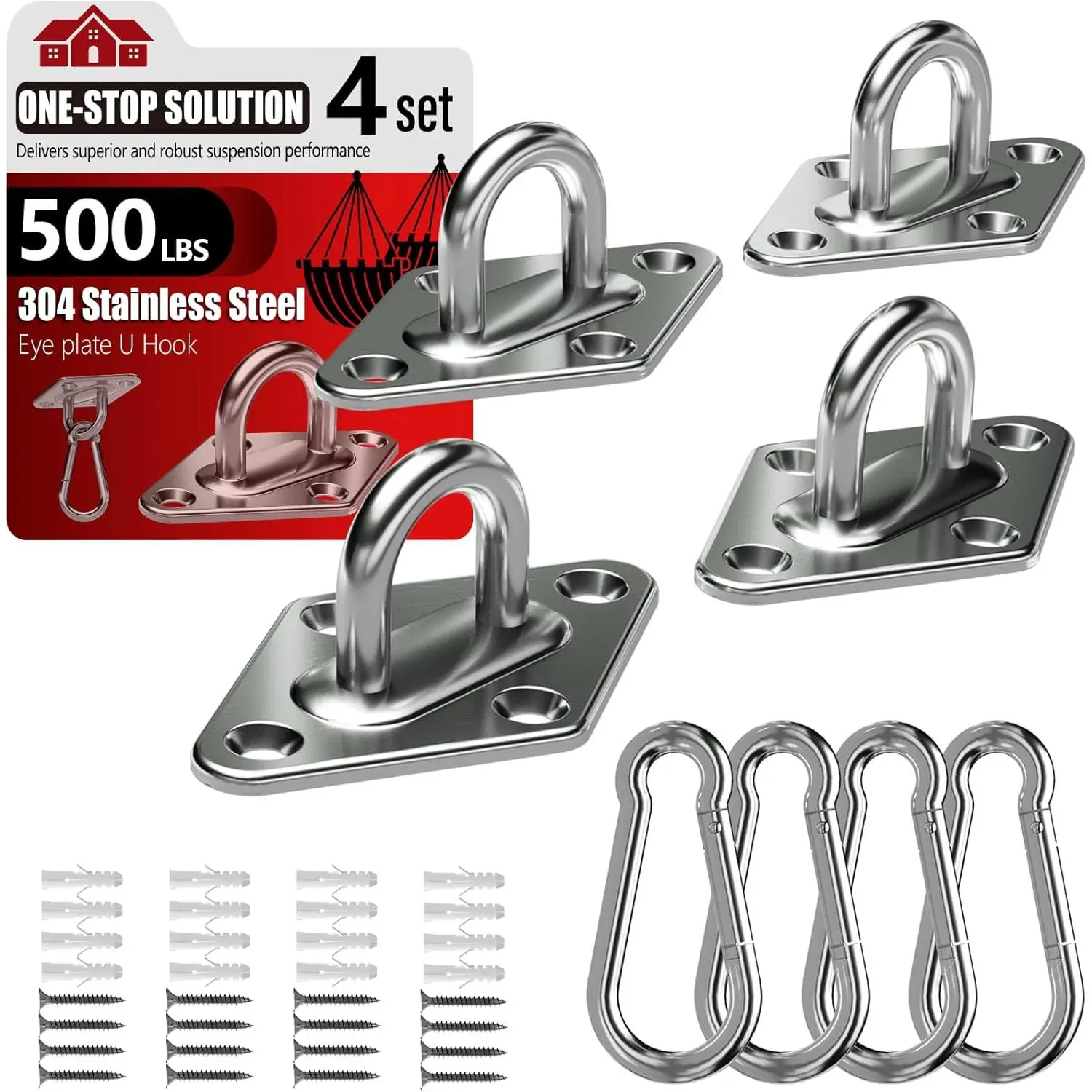 304 Stainless Steel Pad Eye Snap Hooks, M5 Heavy Duty Ceiling Hooks, 500 lb Capacity Hammock Swing  kit,  Hangers, Marine Hardware Staple Hook Loop with Screws, Set of 8