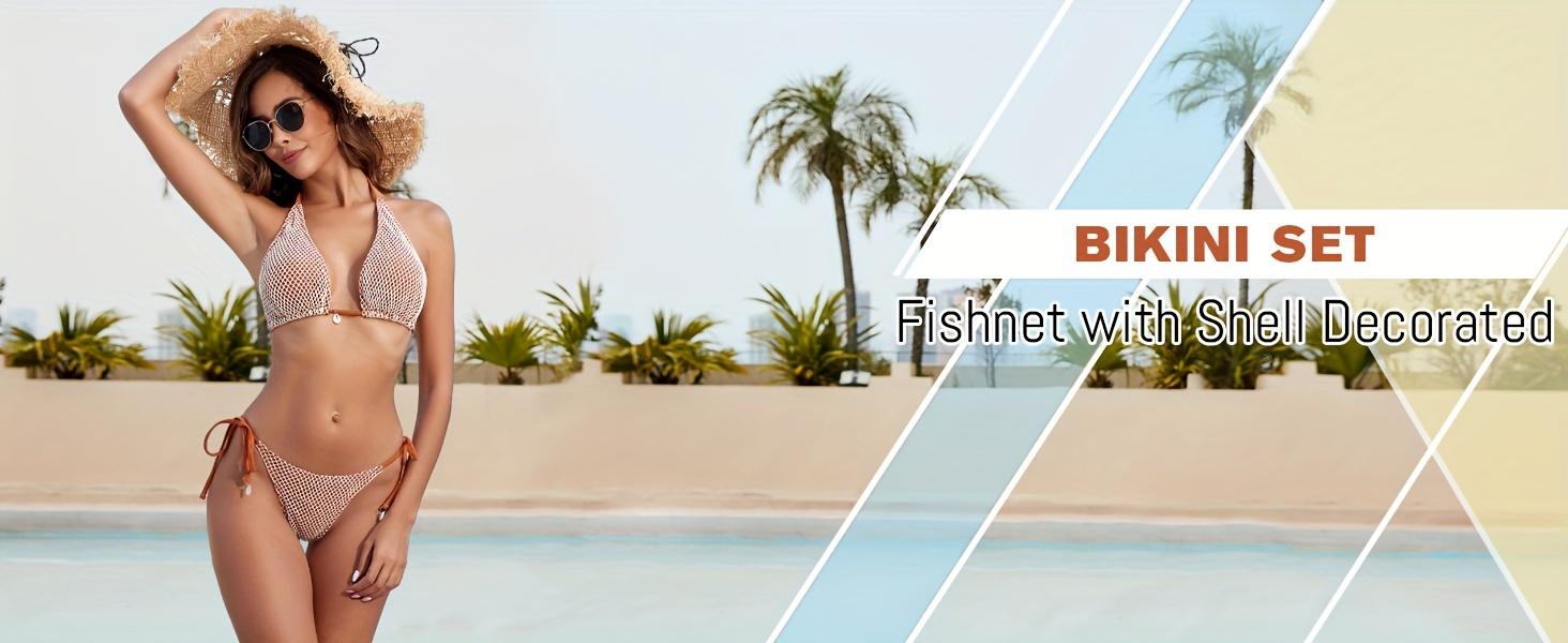 Women'S Bikini Set Fishnet Triangle Tie Convertible Collar Halter Bandeau Shell Two Piece Bathing Suit