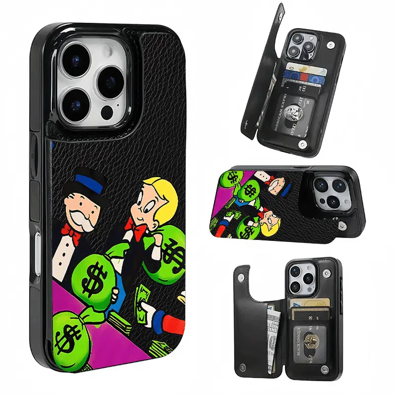 Cartoon Wealth Theme Card Holder, This phone case features a card slot function, can store bank cards, transit cards and other cards, suitable for iPhone 17/16/15/14/13/12, and makes a great gift for girls.