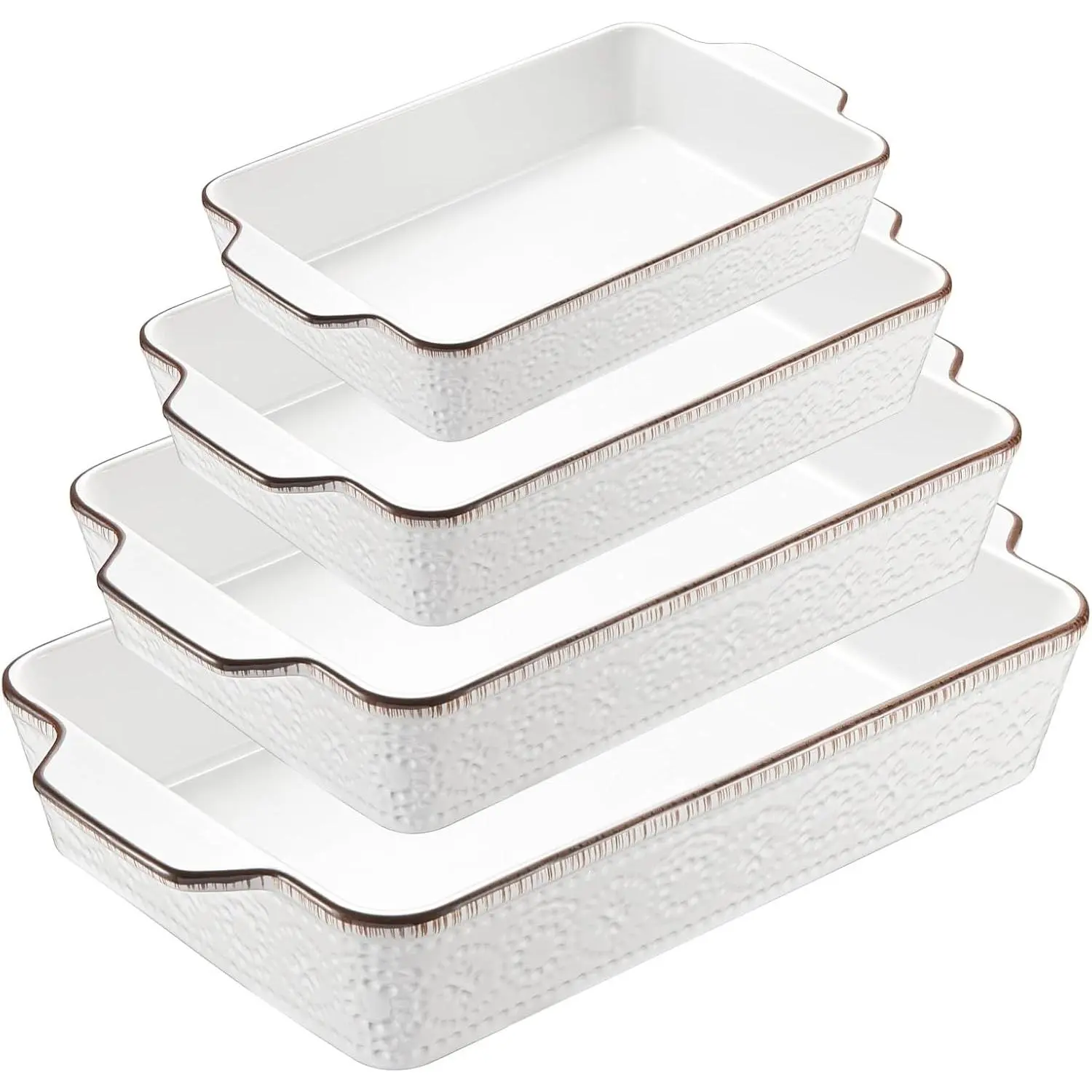 Thick Sturdy Elegant Retro Tones Stackable Ceramic Casserole Dishes Set (4-Piece, White 01) - Non-Stick Rectangular Oven Bakeware with Handles, 3.8 Qt/2.6 Qt/1.7 Qt/1.1 Qt, Exquisite Embossed Patterns, Microwave & Dishwasher Safe for Roasting, Fruit, Fami