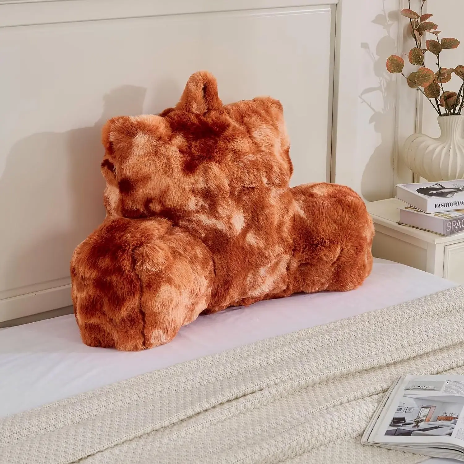 Bed Rest Reading Pillow for Adults, Large Size 1-Piece Synthetic Fiber Wedge Cushion, 18in Tie-Dye Print Burnt Orange Support for Sitting Up in Bed/Couch