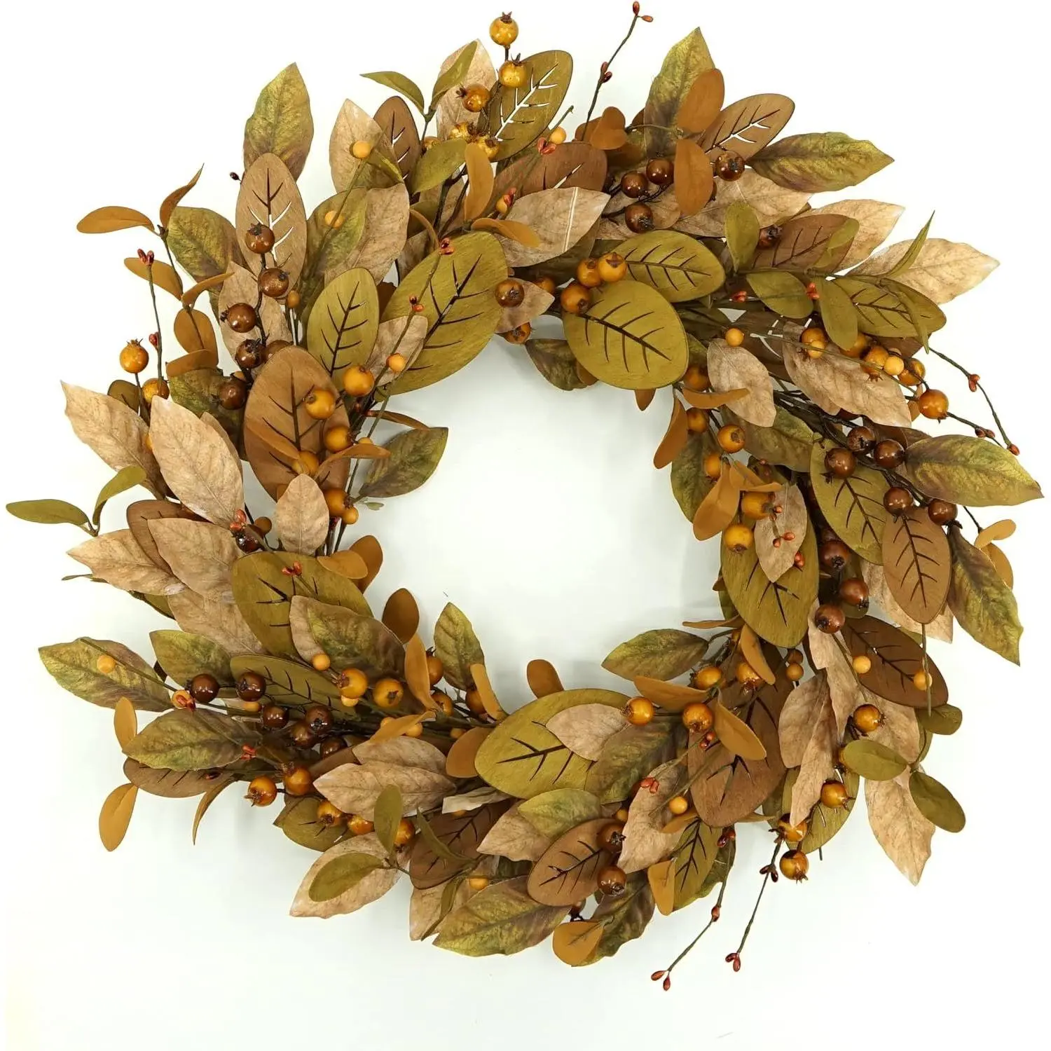 20-in Fall Round Wreath Ornament - Adorned with Brown Magnolia Leaves, Small Pomegranate Berries - Home, Porch Decor - Comes in Brown Gift Box for Room Decor, Cardboard