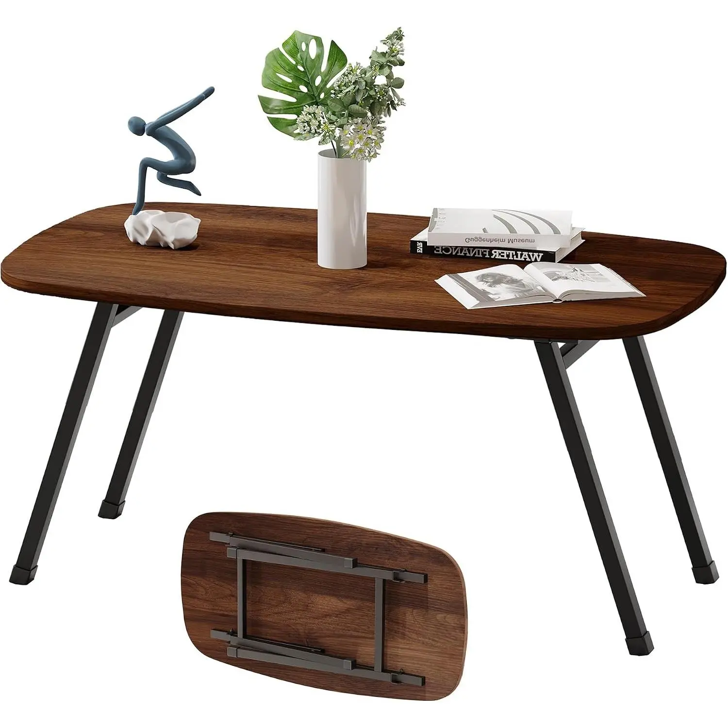 Folding Coffee Table, Modern Foldable Rectangular Low Floor Table for Small Spaces, Mid Century Tea Table, Sofa Side Table for Living Room, Home, Office, Easy Assembly, Brown