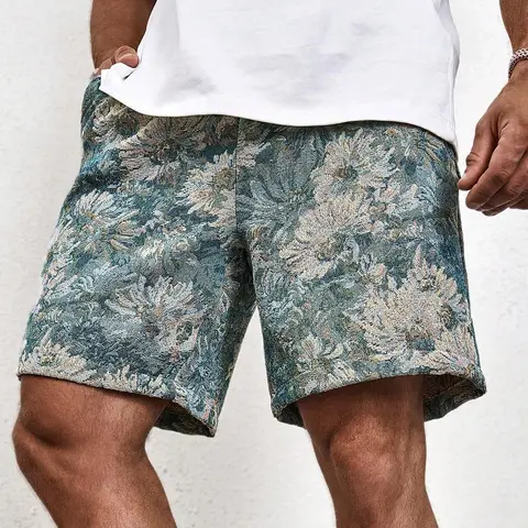 Men's Vintage Tapestry Woven Above-the-Knee Shorts - Blue Aesthetic, Zippered Closure, Side Pockets, Sporty Chic Menswear Apparel for Running, Size M