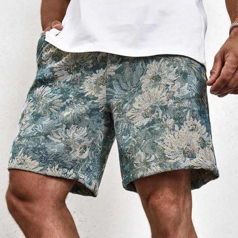 Men's Vintage Tapestry Woven Above-the-Knee Shorts - Blue Aesthetic, Zippered Closure, Side Pockets, Sporty Chic Menswear Apparel for Running, Size M