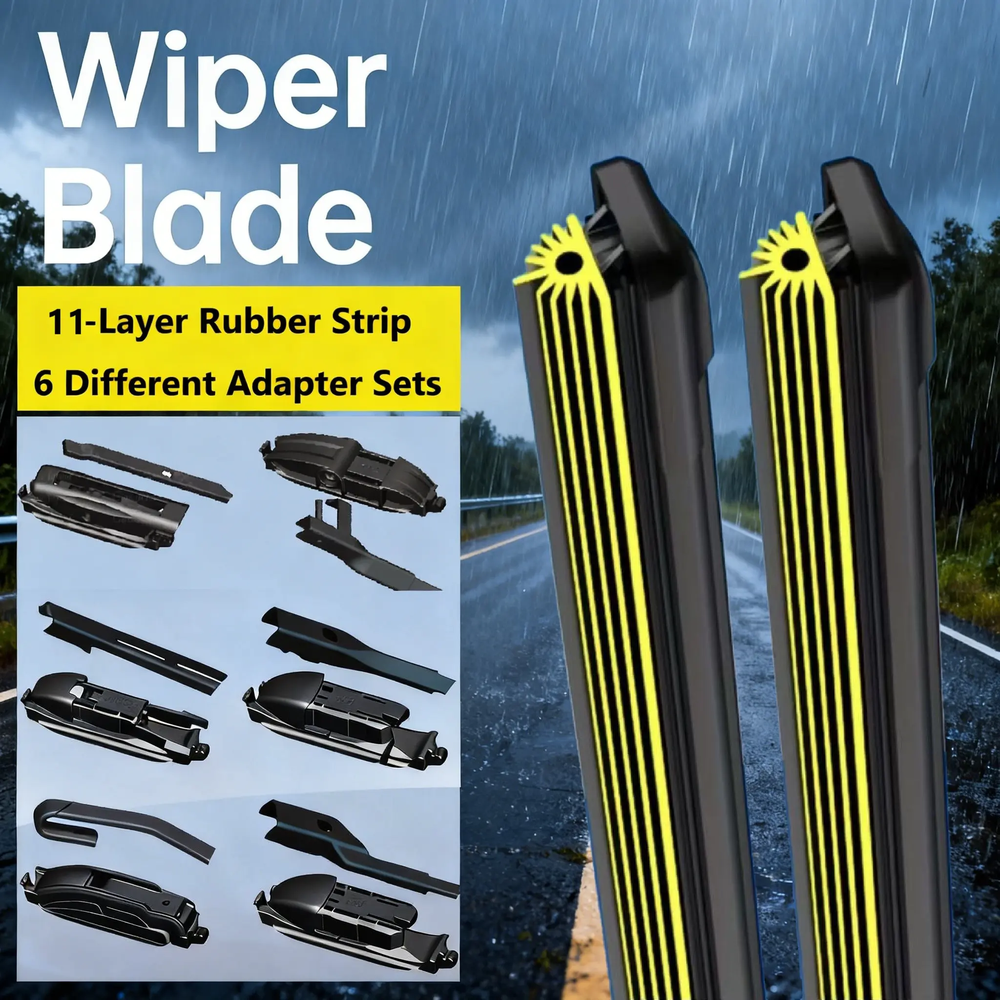 Car Front Window Wiper Blade, Replacement, 11-Layer Rubber Strip, 6 Different Adapter Heads, Fits 99% Left-Hand and Right-Hand Drive Vehicles, Heavy Rain Wipers