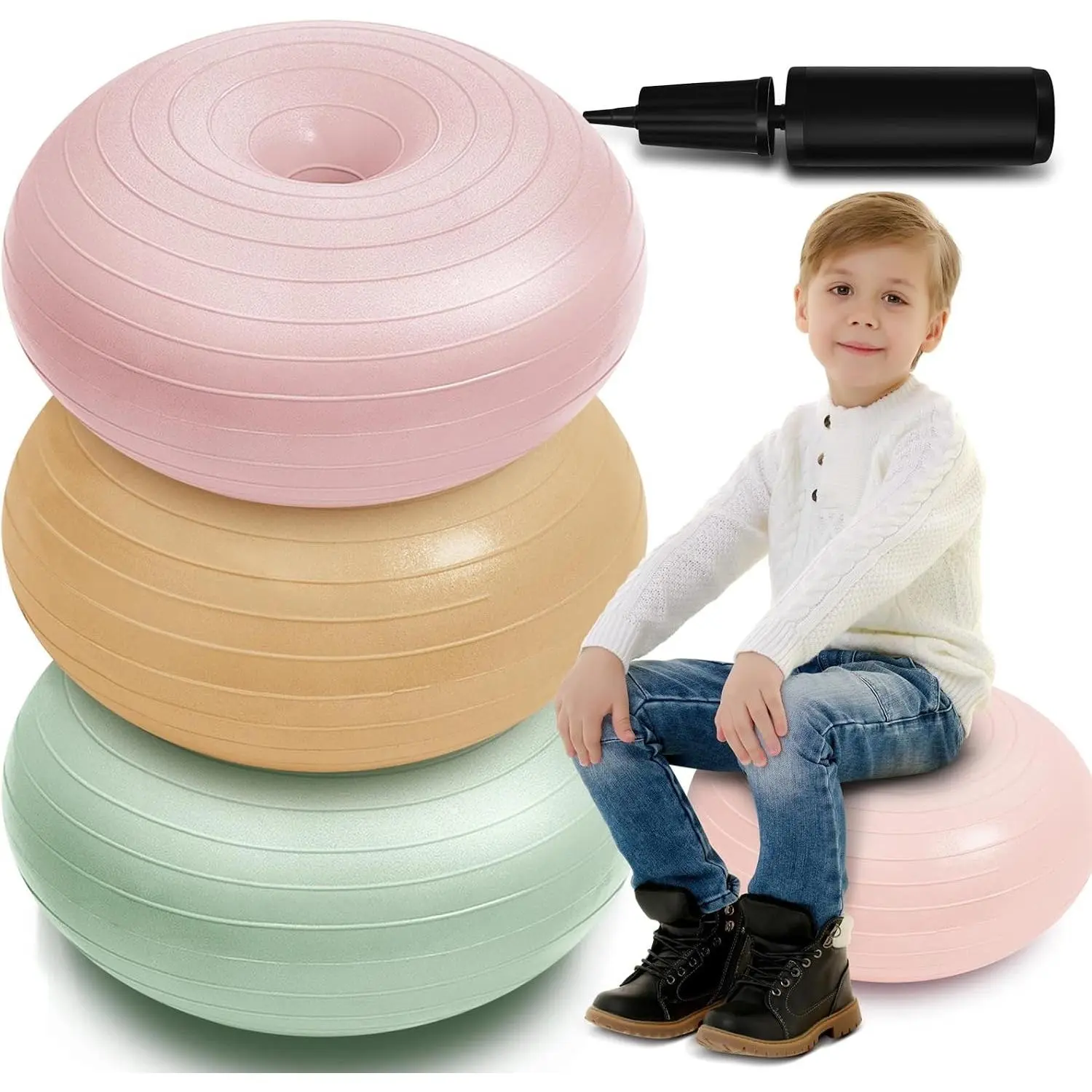 20-Inch Large Round Donut Shape Inflatable Yoga Ball Chair, Multiple Flexible Seating Cushion with Inflator for Kid Students, Sensory Balance Use in Home Office, Large Size
