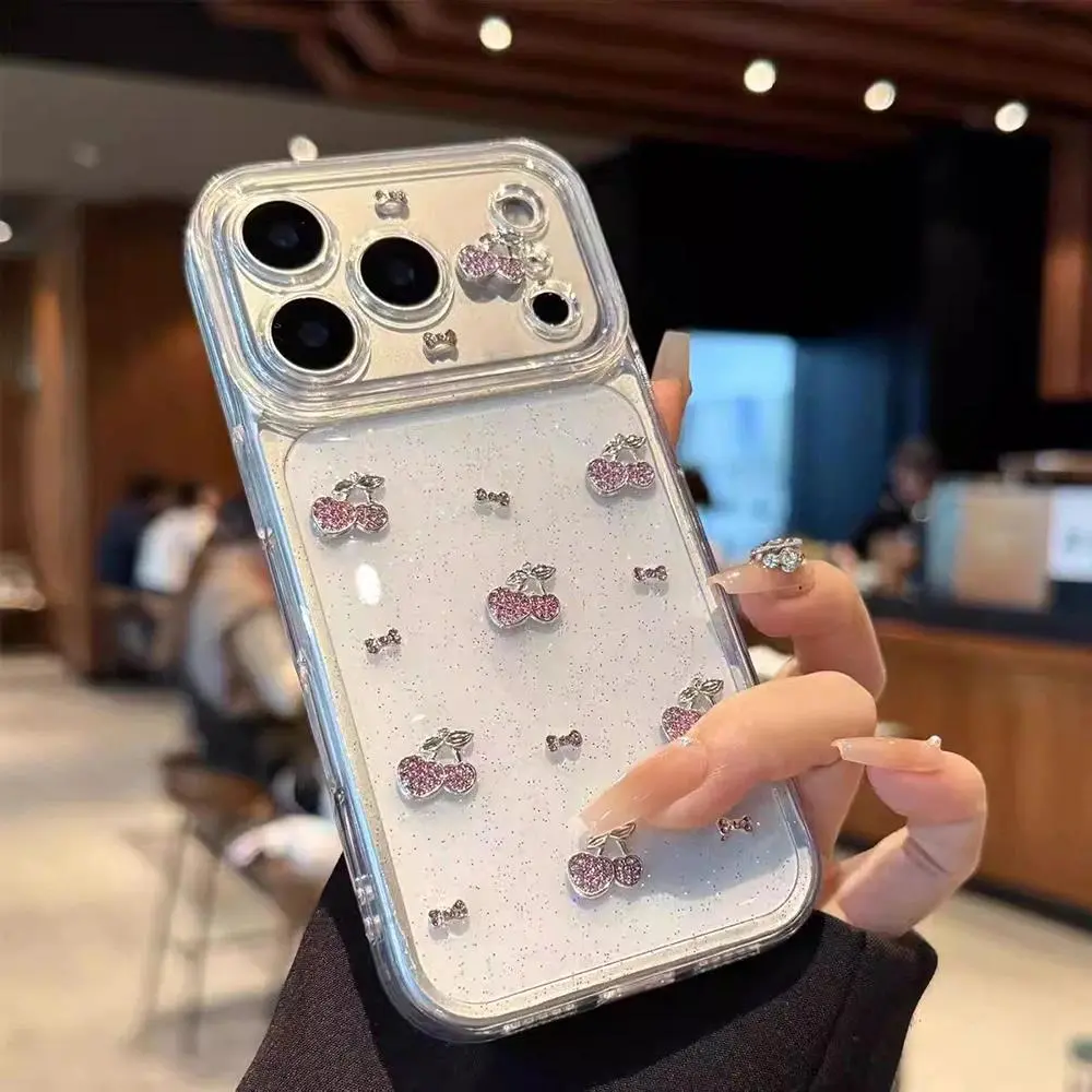 Cute 3d Diamond Cherry Clear Glitter Bling Shockproof Phone Case for Iphone 17promax 17air 14 15 16 Plus 13 12 11 Pro Max Cover Cellphone Smartphone