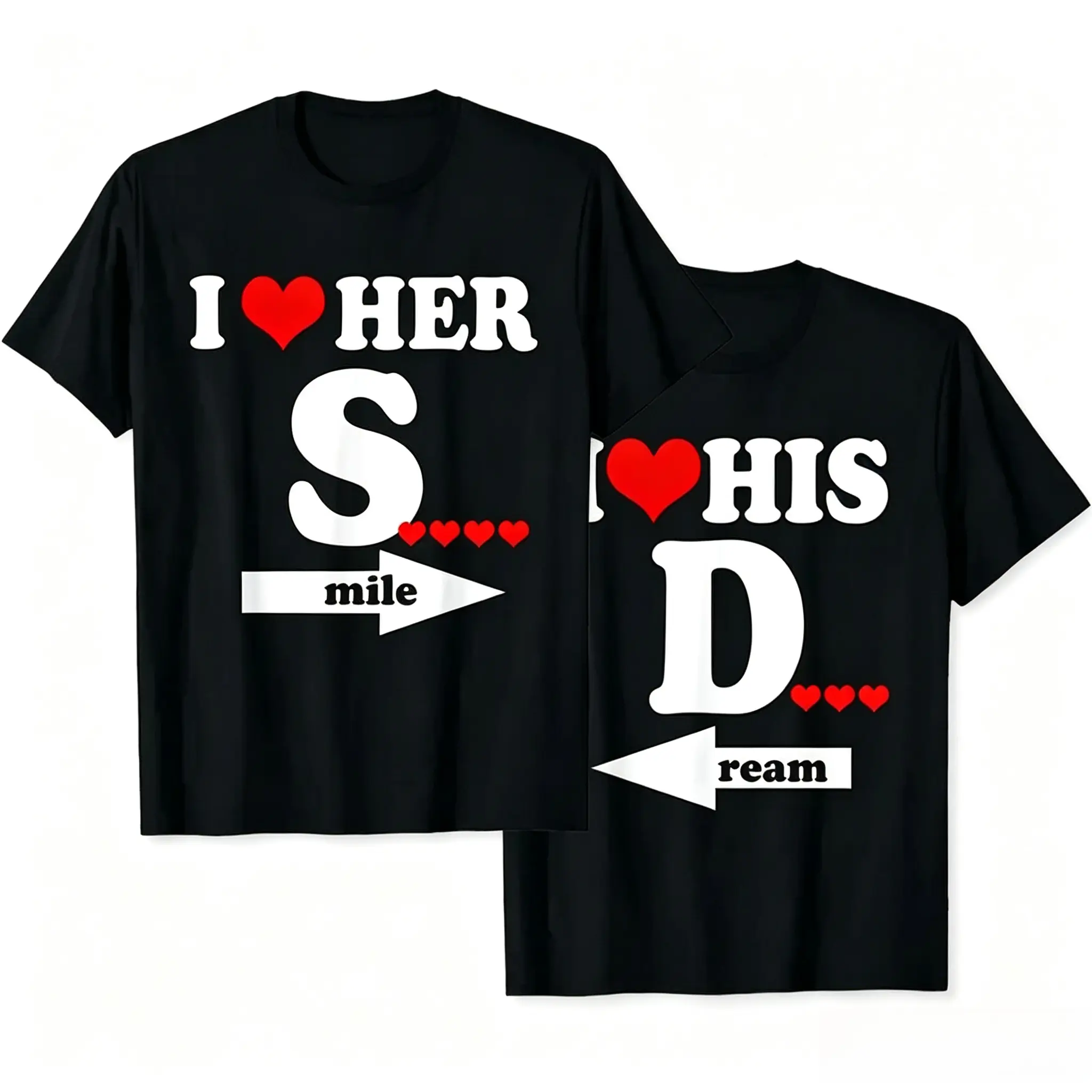 Women's Cotton Graphic Round Neck Matching Couple Shirt - Funny Design with 'I Love Her' (Red Heart Between), 4 Red Hearts Above Arrow, Gift for Couples