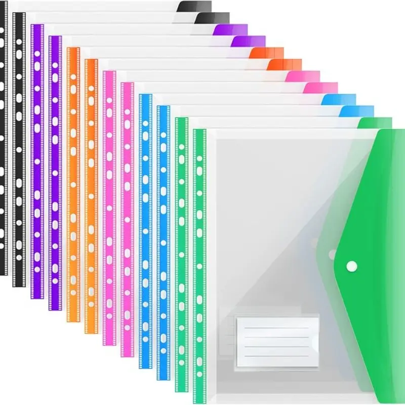 12-Pack A4 Expanding File Folders with Button Binders, Durable PP Plastic Organizer, Vibrant Colors for School, Office, Travel, Modern Design