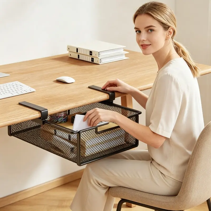 Under-table storage rack, pull-out hanging basket, computer desk organizer, office desk wall-mounted storage rack, workstation accessories, Office Desk Accessory