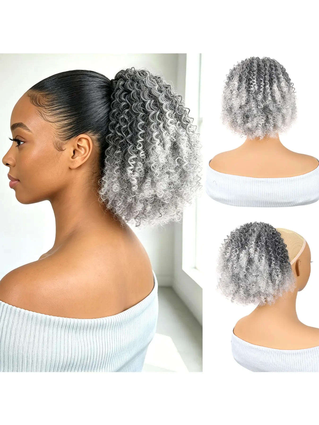 Afro Kinky Curly Drawstring Ponytail Extension For Women 10 Inch Salt & Pepper Ombre Gray Synthetic Fluffy Messy Bun Hair Piece With 2 Secure Clips Voluminous Short Curly Ponytail Hairpieces For Daily Party Vacation Wear