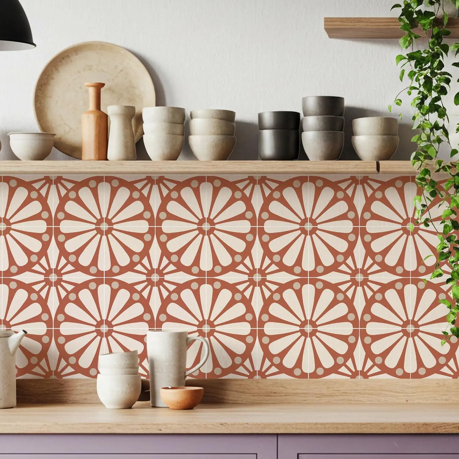 Boho Mid-Century Terracotta Sunburst Peel Stick Wallpaper Tiles - 16-Pack, 5.9x5.9in PVC Vinyl Self-Adhesive Tiles for Kitchen Walls, Stair Riser Decor (Red)
