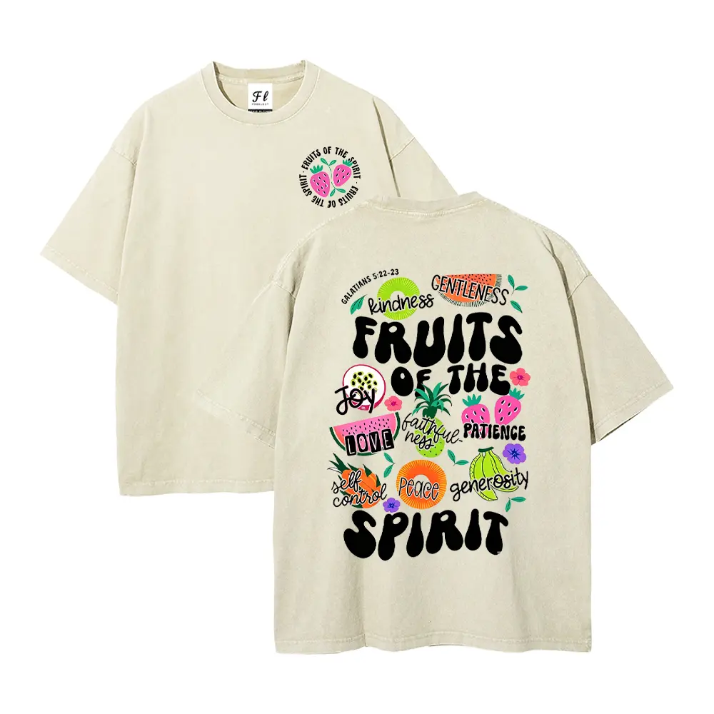 Oversized Tshirt Women Vintage Graphic Tees Two Sided Fruits Of The Spirit Christian Fruit Graphic Tee, Camisetas de Mujeres Retro Galatians 5:22-23 Watermelon Pineapple Strawberry Print Soft Washed Beige 100% Cotton Crew Neck T Shirts Women Graphic Tee
