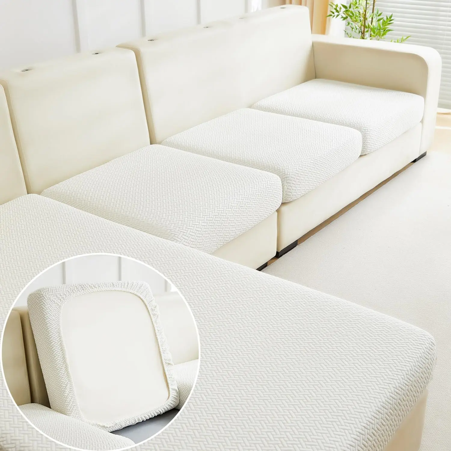 Stretch Washable Universal Pet Friendly Sofa Couch Cushion Slipcovers for Sectional Sofa - Texture Ivory White, Large Single Seat Cover