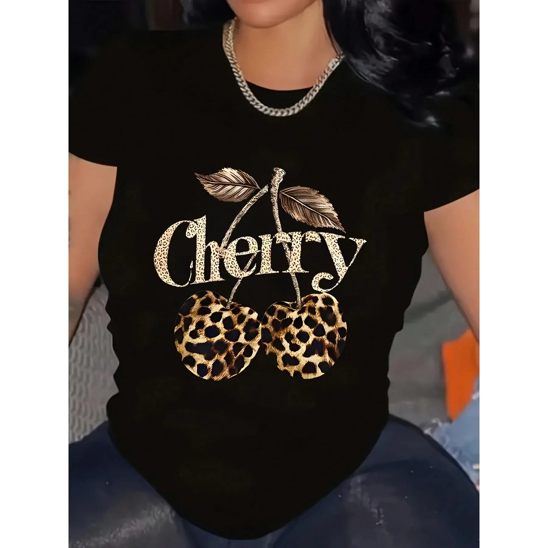 Unisex 100% Cotton 180g Sports Top - Leopard Print Cherry Vintage Graphic T-Shirt, Classic Crew, Coquette Aesthetic Casual Tee, Fade-Proof, Multi-Size S-3XL, Fabric, Tshirt, Short Sleeves, Fade-Resistant, Coquette Look, Vintage Cherries