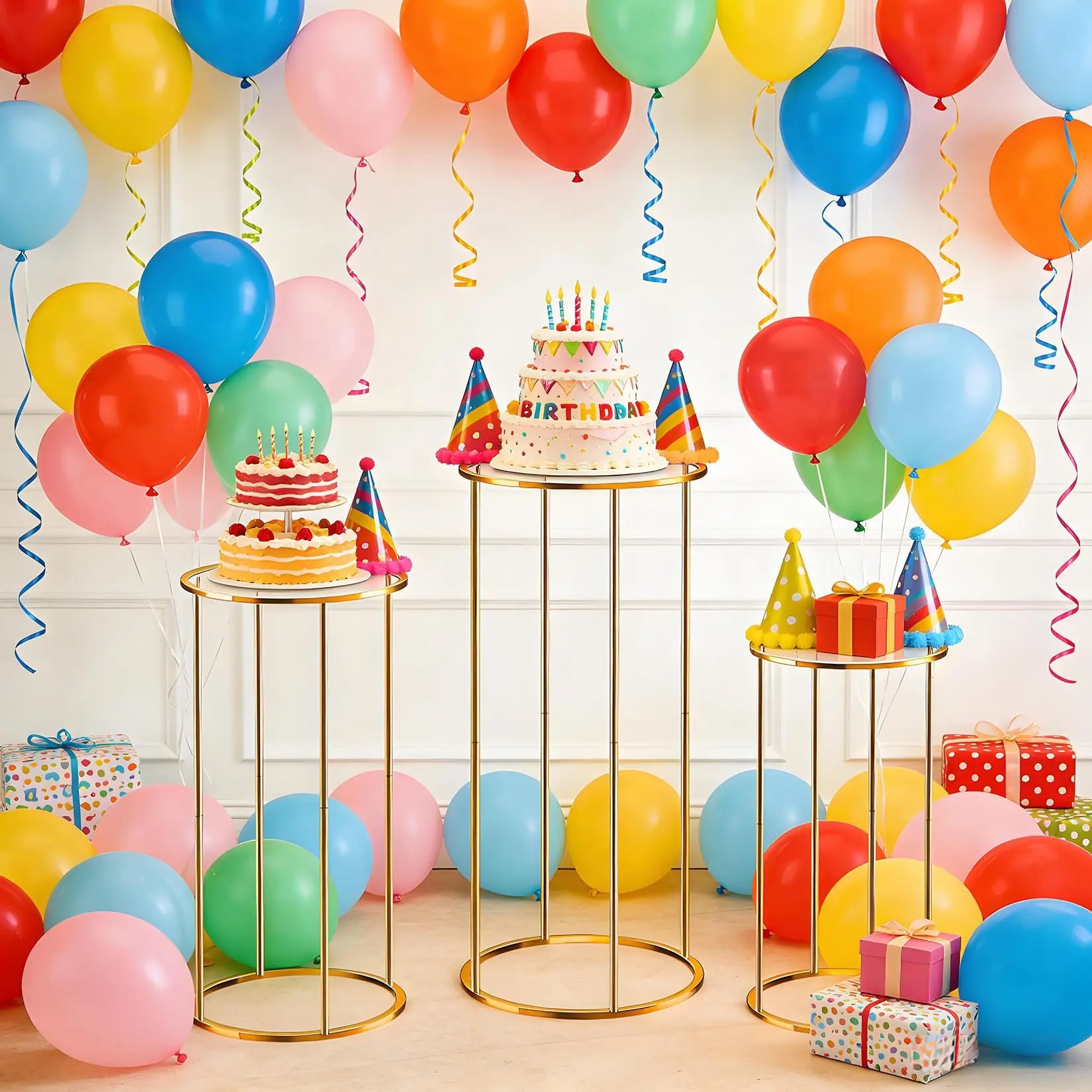 GARVEE 3PCS Gold Cylinder Pedestal Stands for Parties - Round Metal Display Columns and Tall Tables Ideal for Flowers, Vases, Cakes, Wedding and Birthday Party Backdrop Decorations