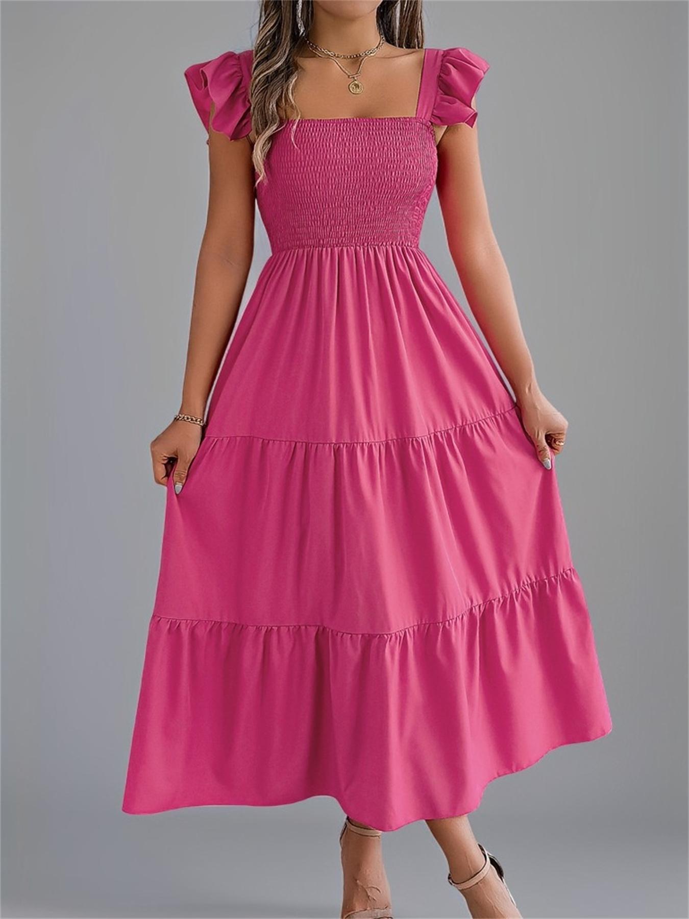 Women's Plain Shirred Dress, Casual Sleeveless Square Neck Dress for Summer, Ladies Clothes for Beach Holiday