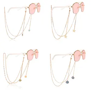 Decorative Gold-Tone Eyeglass Chain for Women, Multi-Layer Glasses Lanyard with Evil Eye, Star & Pearl Pendants, Anti-Lost Sunglasses Strap, Accessories For Women, Decorative Protective Glasses Chain & Lanyards