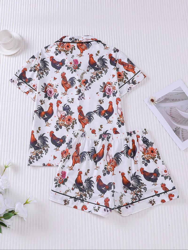 Women's All Over Chicken Print Crop Top & Elastic Waist Shorts Pyjama Two-piece Set, Casual Comfy Short Sleeve Top & Shorts PJ Set, Ladies Summer Sleepwear, Loungewear, Pajama Shorts Set