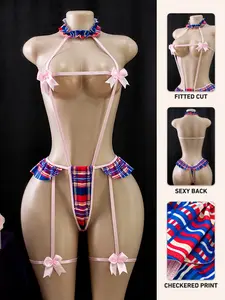 Women's Soft Skin-Friendly Milk Silk Plaid Halter Bodysuit Lingerie, Bow Accent, Cute Romantic Design, Full Cut-Out Seductive Nightwear  curvy dormir elegante clothes haul