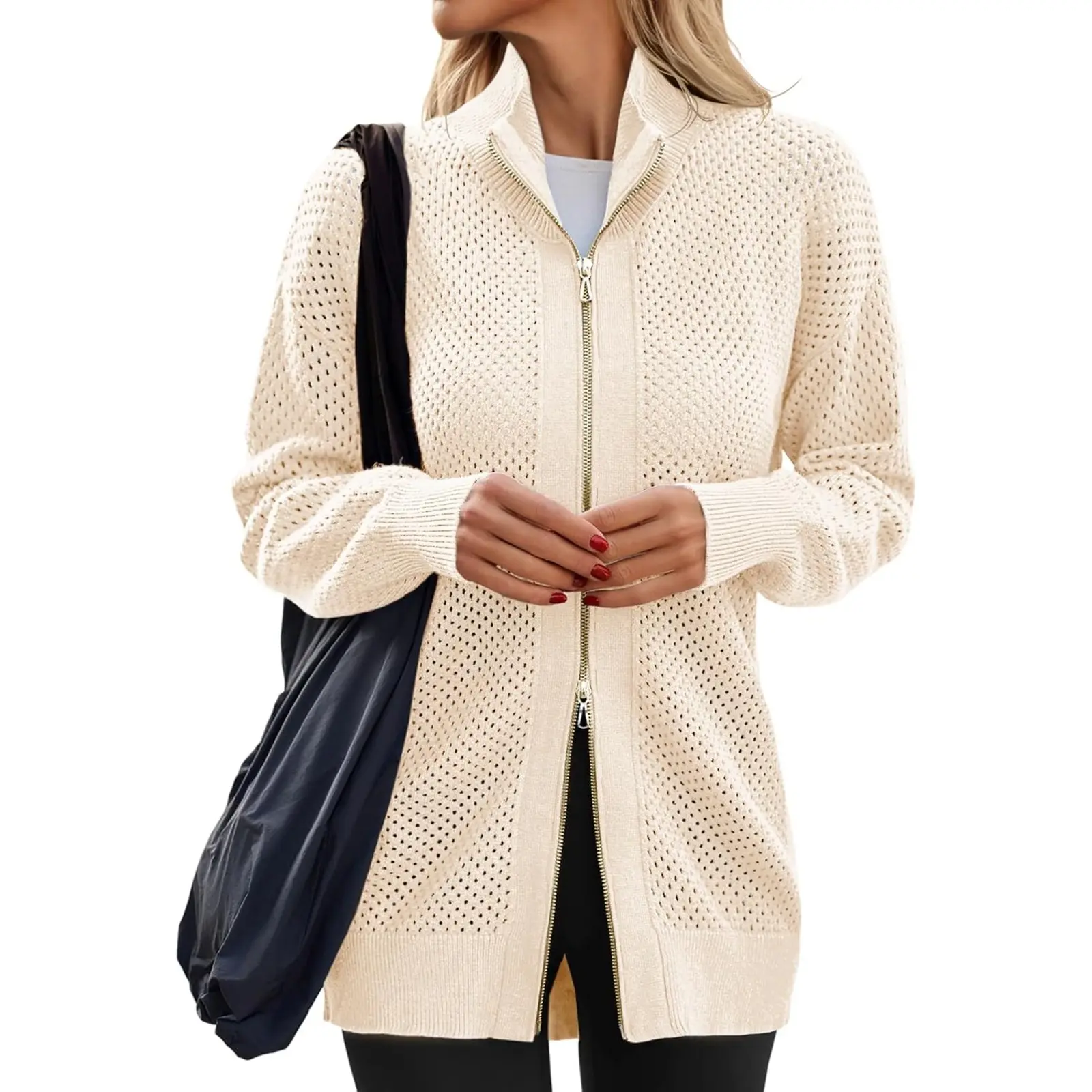 Women's Turtleneck Zip Up Cardigan Sweaters Oversized Drop Shoulder Long Sleeve Casual Solid Mesh Knit Jumper Tops