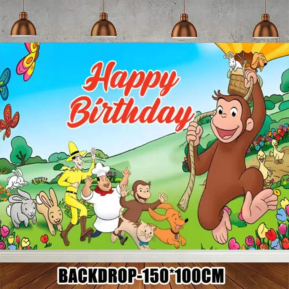 Curious George Monkey Birthday Backdrop Party Background Cloth, Cute Animal Balloon Tapestry Wall Hanging Photography Background Premium Polyester Fabric, Kids Celebration Decor, Cake Table Setup, Photo Studio Prop, Baby Party Background