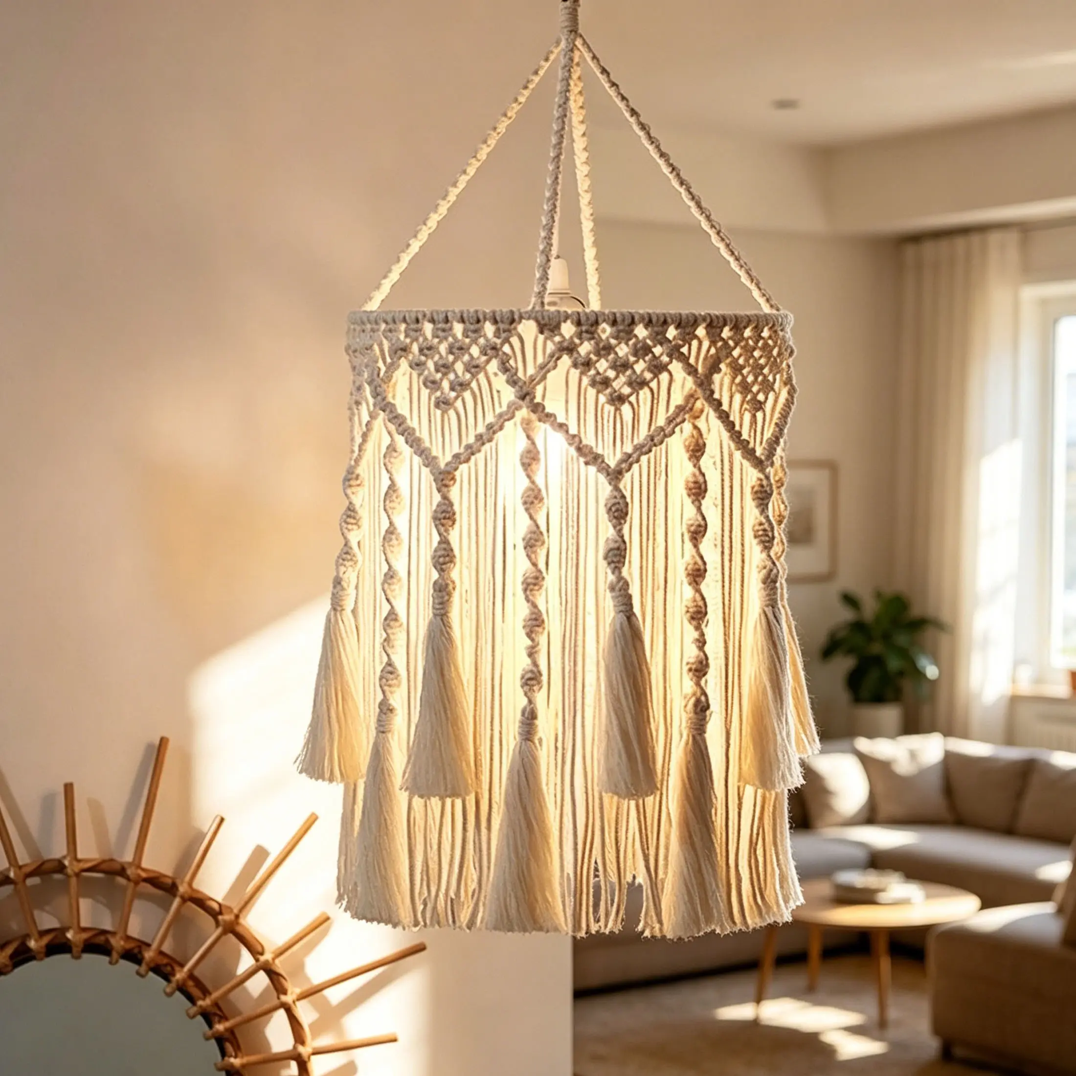 North European Handmade Woven Fringe Lampshade, Aesthetic Design, Wall-Mounted Woven Background, Inn Lobby Decor Hanging Ornament, Outdoor Light Decoration