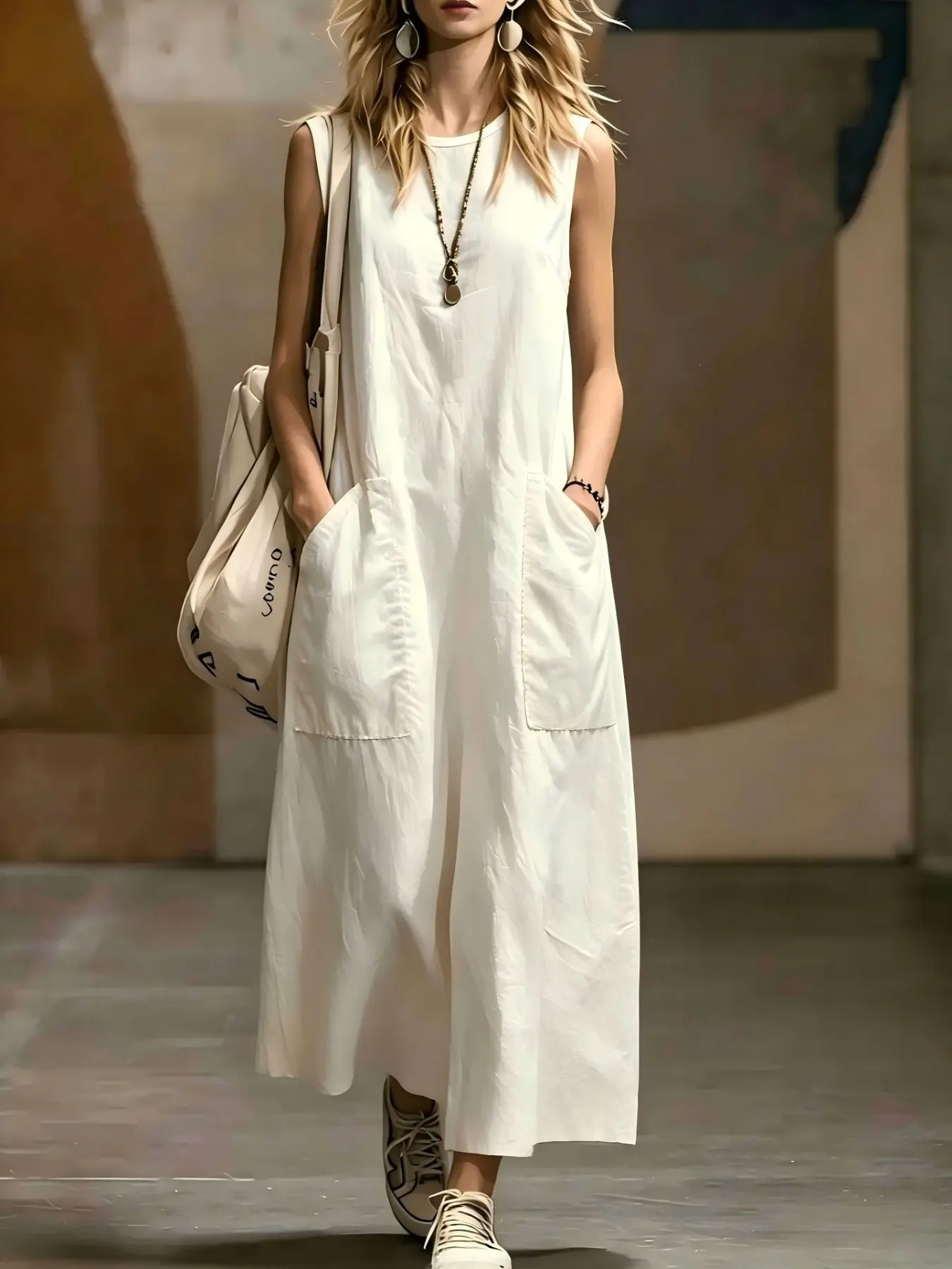 Elegant Summer Dress for Women, High-End Chic Tank Dress, Solid Color Large Pocket Design, Sleeveless Long Dress, Perfect for Spring and Summer