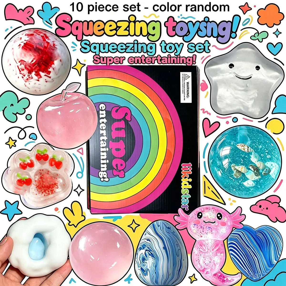 10 piece set - Q bounce Fidget toy bag - squeeze toy, soft and cute squeeze toy, slow rebound sensory squeeze toy, Decompression squeeze, used for relaxation, Halloween/Christmas party gift bag filling, school classroom reward supplies -color random
