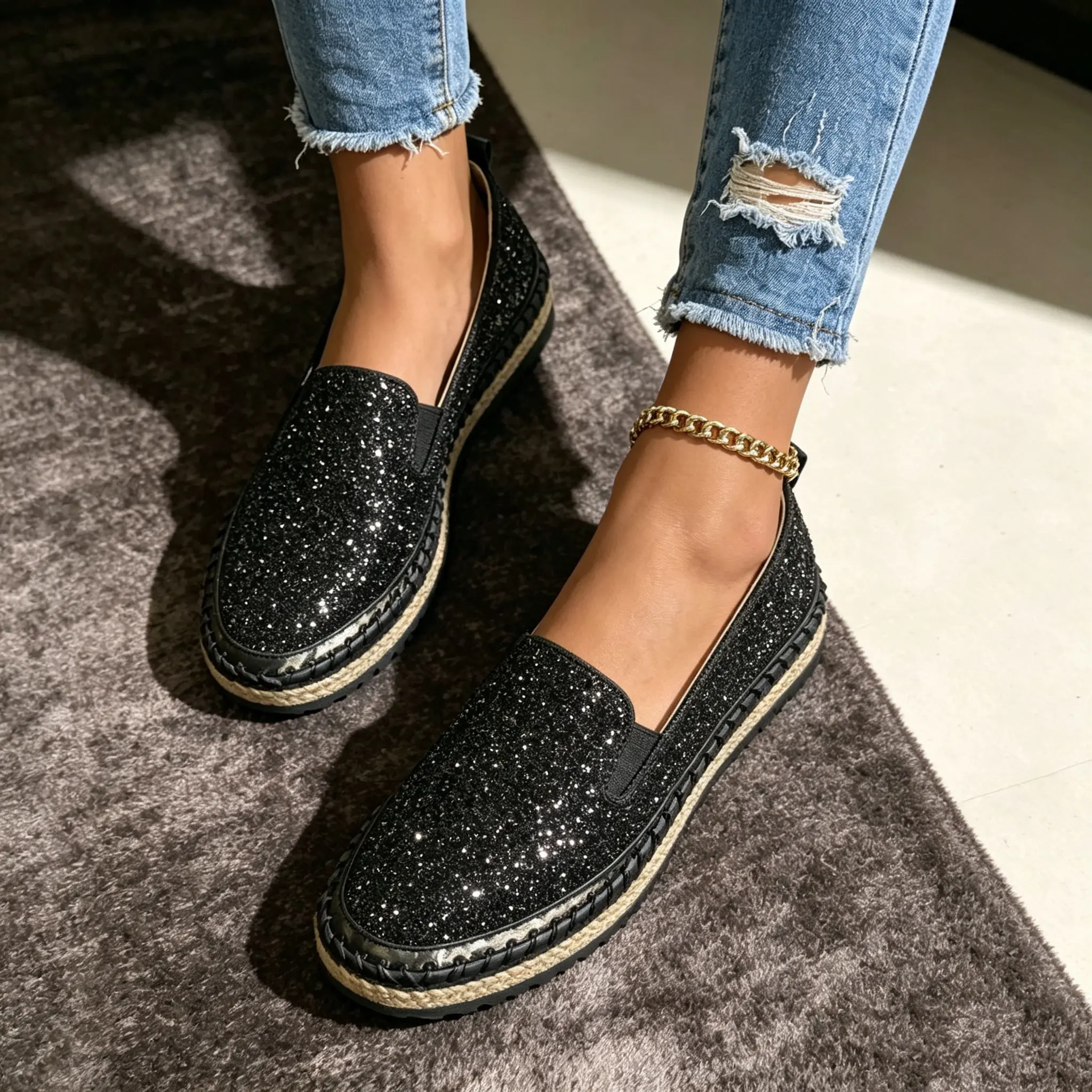 Women's Comfortable Platform Loafers, Sparkling Rhinestone Retro Slip-Ons with Round Toe for Casual Wear & Daily Walks, Pu Artificial, Sparkle Flash