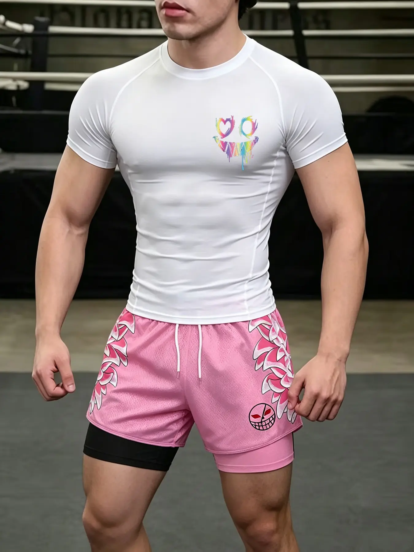 Y2K Men's Fitness Workout Set Colorful Melting Heart Face Print Compression Sleeveless Short Sleeve T Shirt Pink Double Layer Shorts 2 Piece Quick Dry Gym Training Outfit