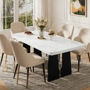ARCH 63" Modern Faux Marble Dining Table for 6, Rectangular Kitchen Table with Trestle Legs, White+Black MDF Rubberwood, Farmhouse Rustic Scandinavian Style, Easy Assembly, 350lbs Capacity, Dining Room Furniture, White+Black Color Options