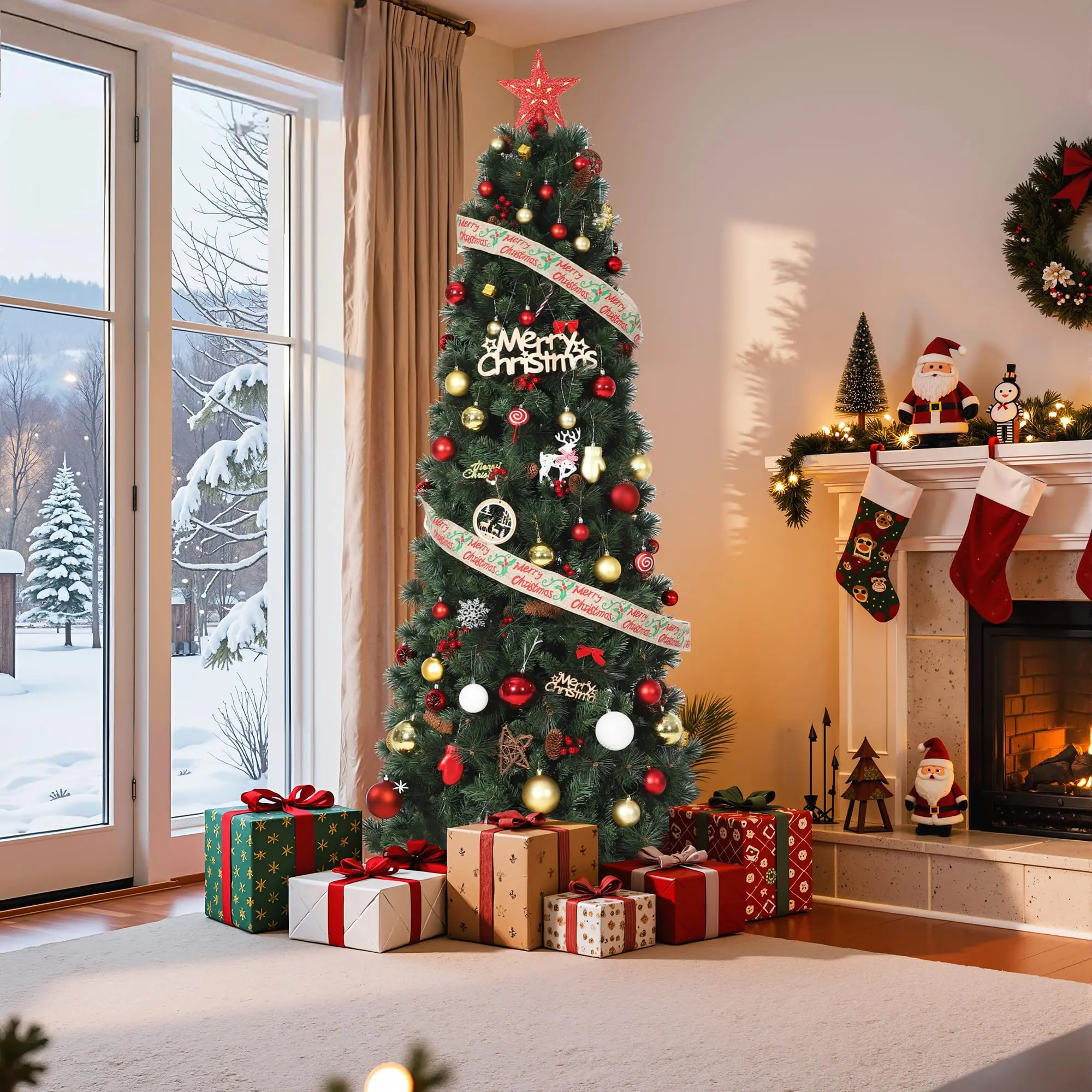 Pre-Decorated Artificial Christmas Tree – 7FT with Pine Cones & Red Berries, Full Divisions, Metal Stand, Realistic Xmas Tree for Home, Office, Shop